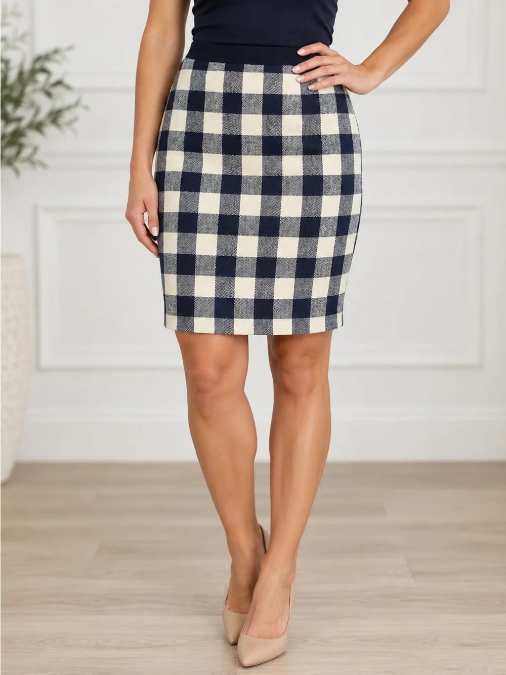 J.Crew The Pencil Skirt Navy Ivory Gingham Plaid Cotton Size 0 - Picture 2 of 9